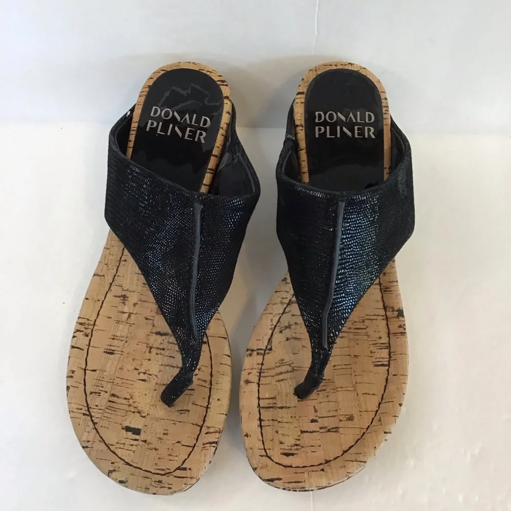 DONALD PLINER Women's Black Leather Cork GIL Wedge Flip Flops Sandals 8